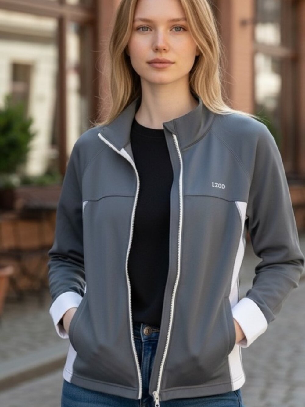 Womens IZOD Gray&white track Jacket Full Zip Closure Size XL